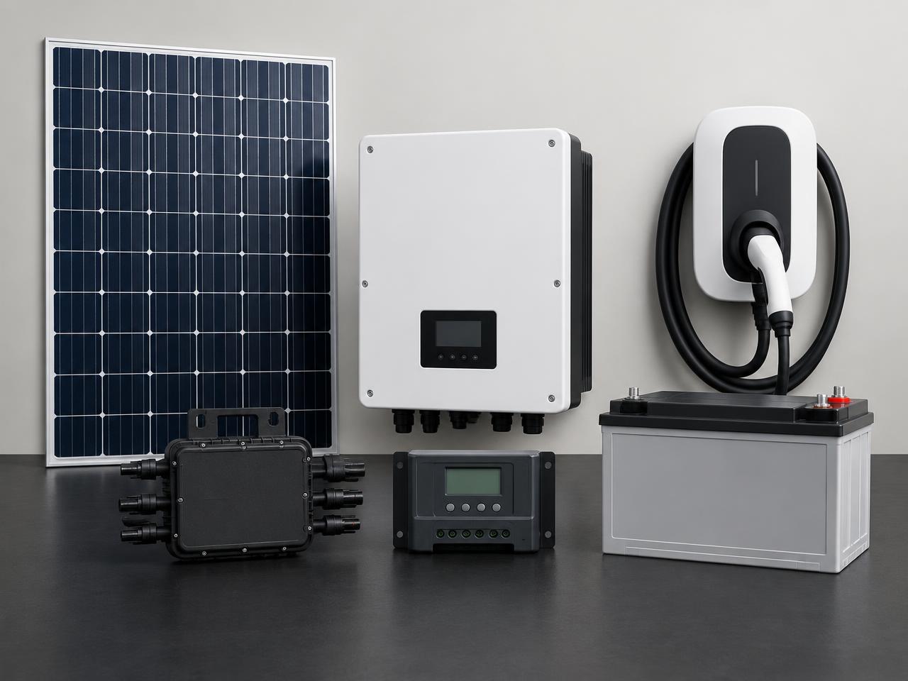Panel solar, inversor, microinversor, batería y cargador para auto eléctrico
