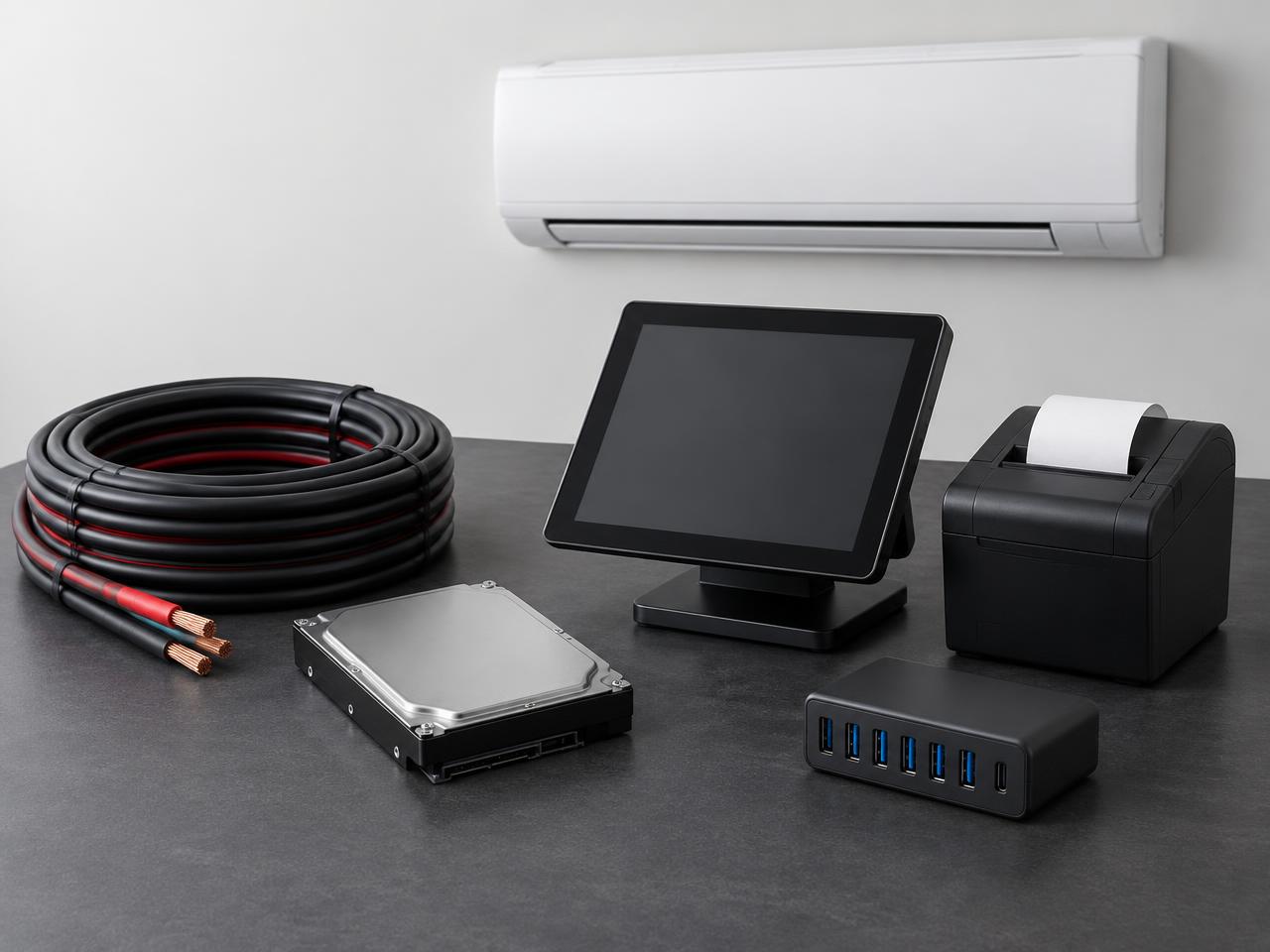 Cable eléctrico, disco duro, punto de venta y equipo mini split
